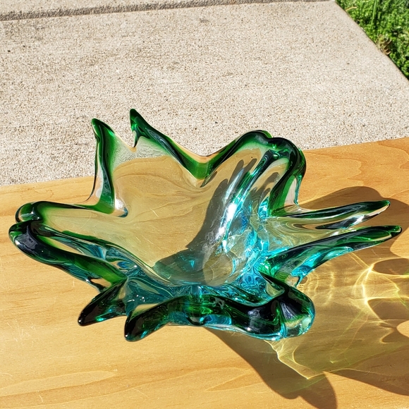 Vintage Handblown Green & Blue Glass Art Deco Mid-Century Modern Ashtray Bowl - Picture 4 of 12